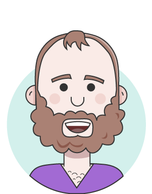 illustration of person with light brown hair and full beard wearing a purple v-neck shirt