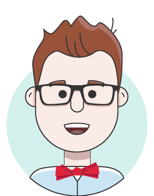 illustration of a person with red hair and glasses wearing a red bow-tie and light blue button down shirt