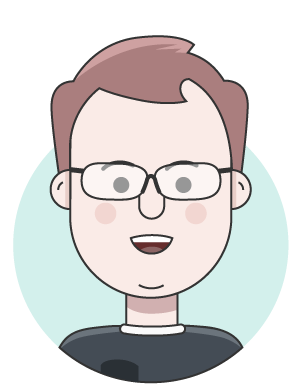 illustration of person with strawberry blond hair and glasses wearing a black t-shirt