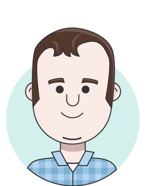 illustration of person with dark brown hair wearing a light blue checked shirt