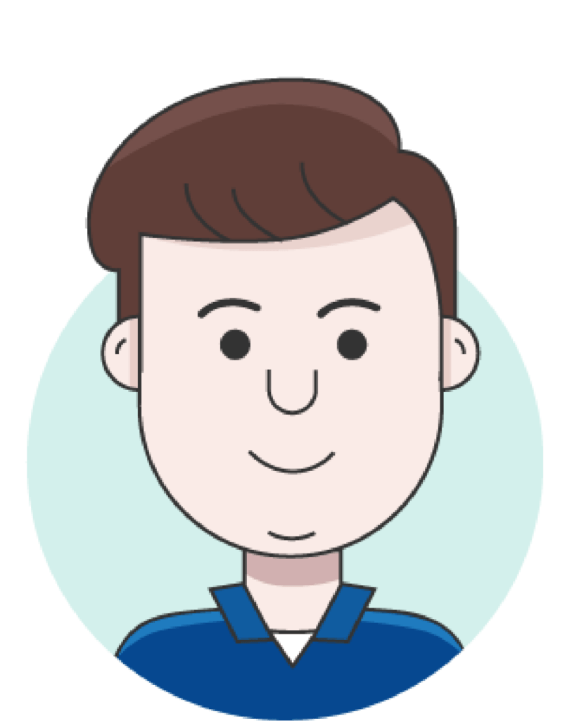 illustration of person with brown hair wearing a blue polo shirt