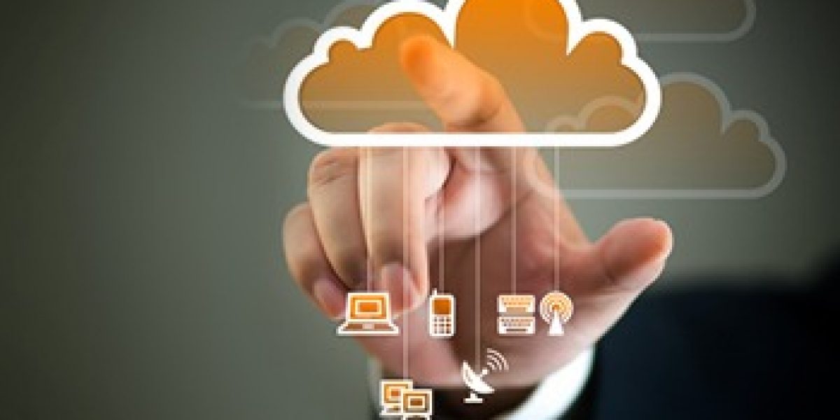 person tapping on orange cloud with different tech icons dangling from the cloud